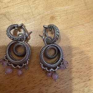 Judith Ripka Silver-Tone Double Hoop Earrings with Pink Bead Drops
